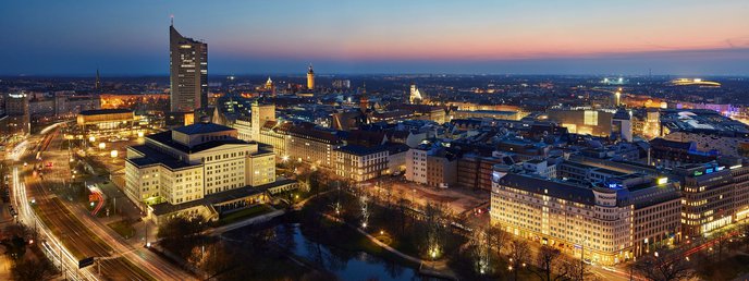 Blick auf Oper, Gewandhaus und Innenstadt Leipzig.