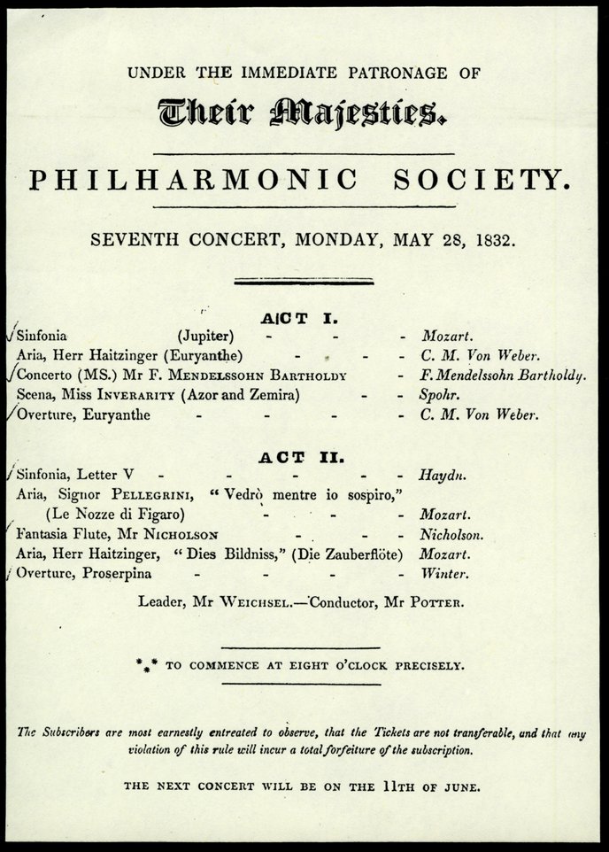 Program sheet for the Philharmonic Society concert, London 28th May 1832