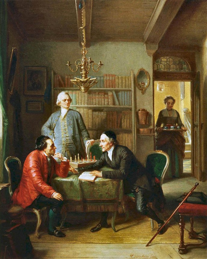 Lavater und Lessing besuchen Moses Mendelssohn, Ölgemälde von Moritz Oppenheim, 1852